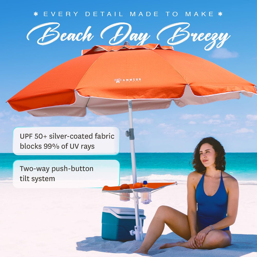 A woman sitting under AMMSUN solid red 7ft portabke beach umbrella for uv protectiom with tilt.