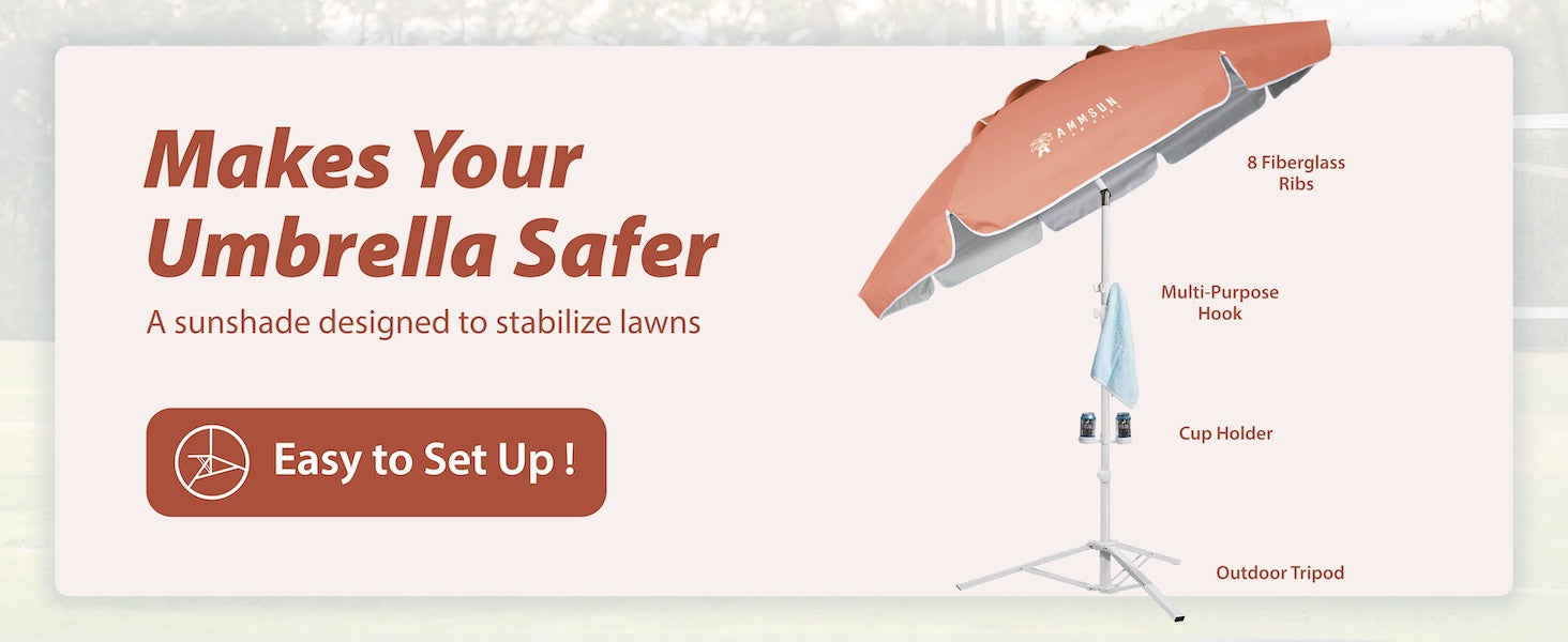 AMMSUN 6.5ft portable beach umbrella for sports with easy set up tripod base for safety