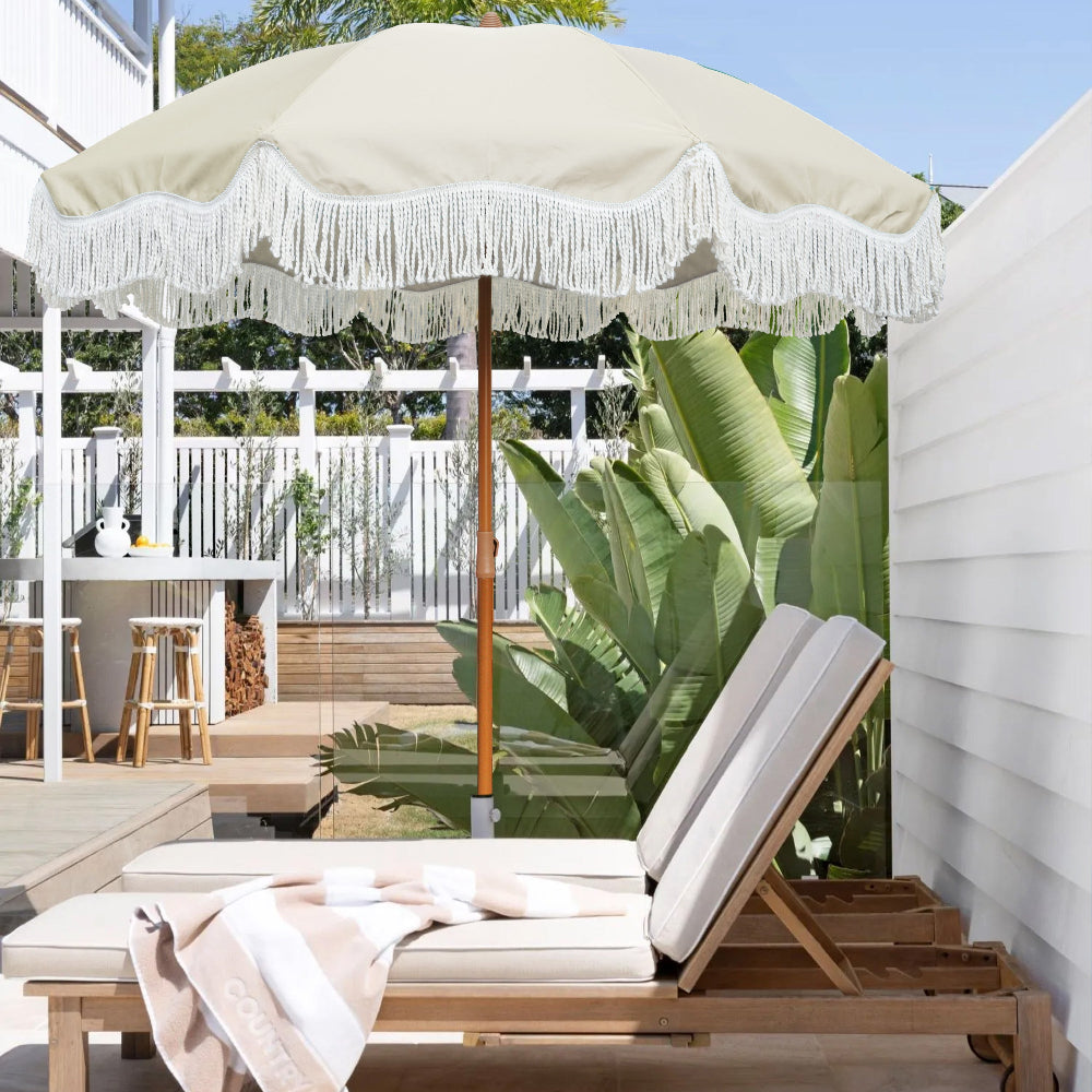 AMMSUN 6.5ft Boho Fringe Umbrella,Light Beige