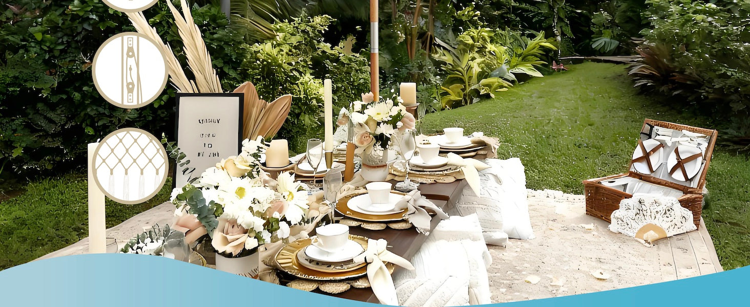 A table set in a garden, featuring delicate flowers and fine dining arrangements.
