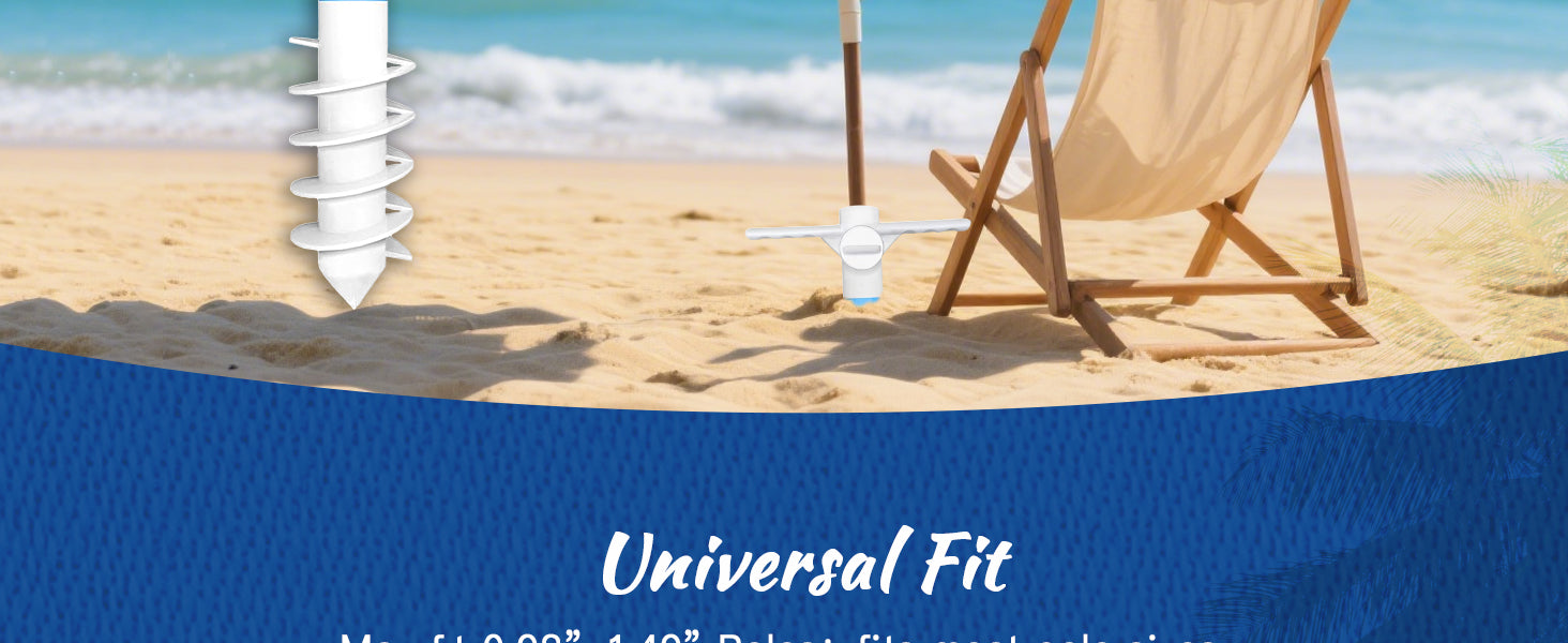 An umbrella secured on beach sand with AMMSUN white sand anchor for beach umbrella sand auger