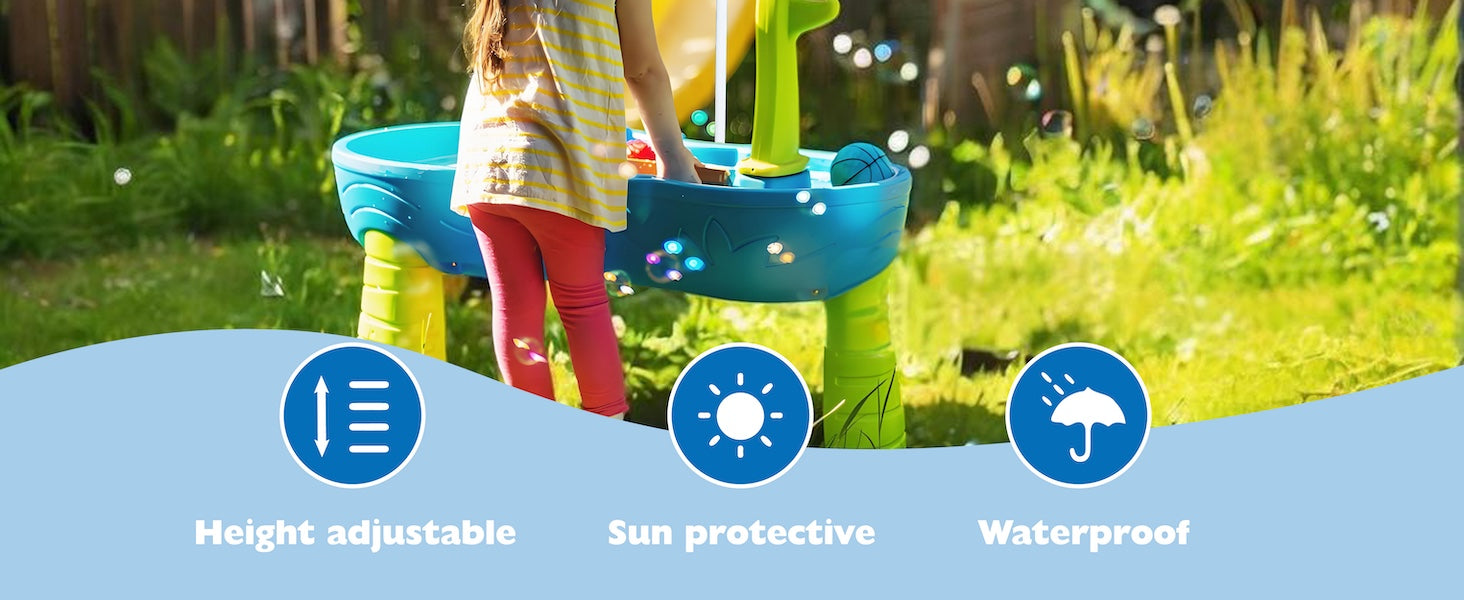 A girl playing under an AMMSUN 5ft blue white kids outdoor umbrella on picnic table