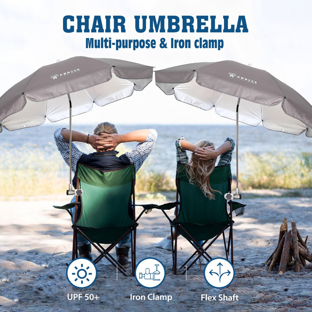 Two people sitting on chairs beneath two AMMSUN grey large size chair umbrellas with clamp, enjoying outdoor time.