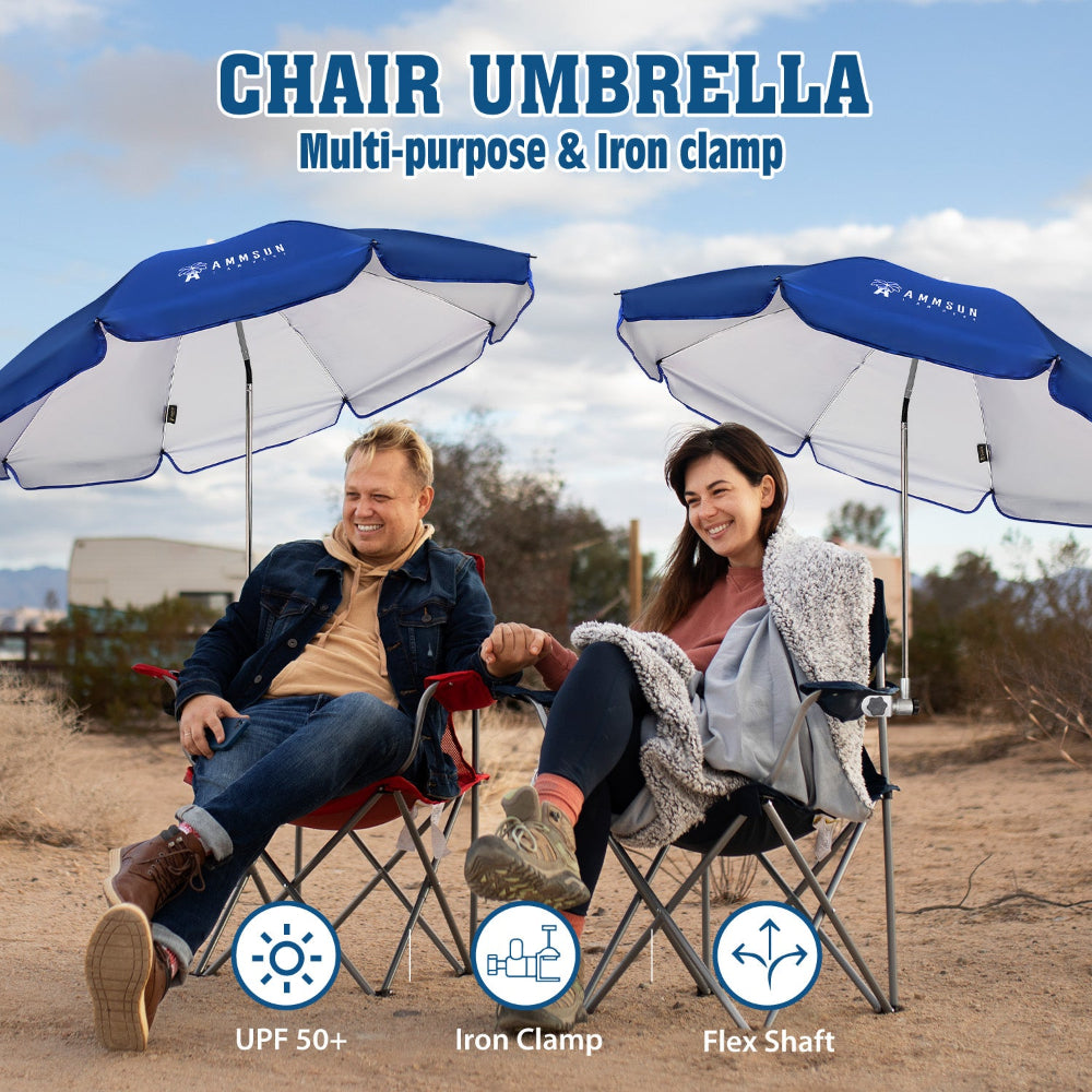 Two people seated on chairs beneath a two AMMSUN blue large size clamp umbrella, enjoying outdoor time.