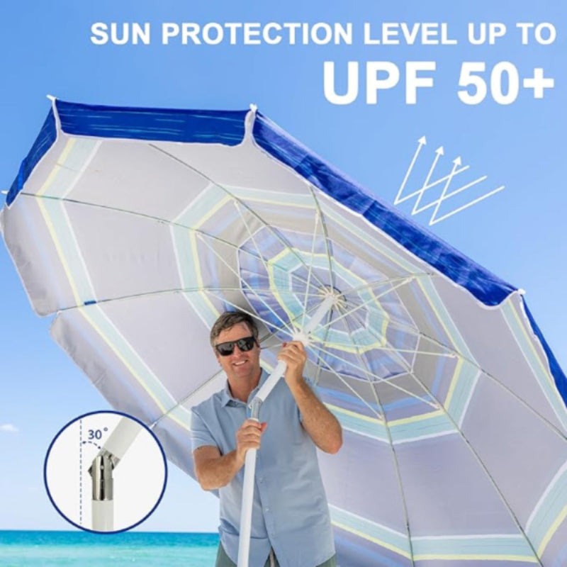 AMMSUN 8ft large size blue stripes beach umbrellas for sand with sand anchor has a 30° push button tilt