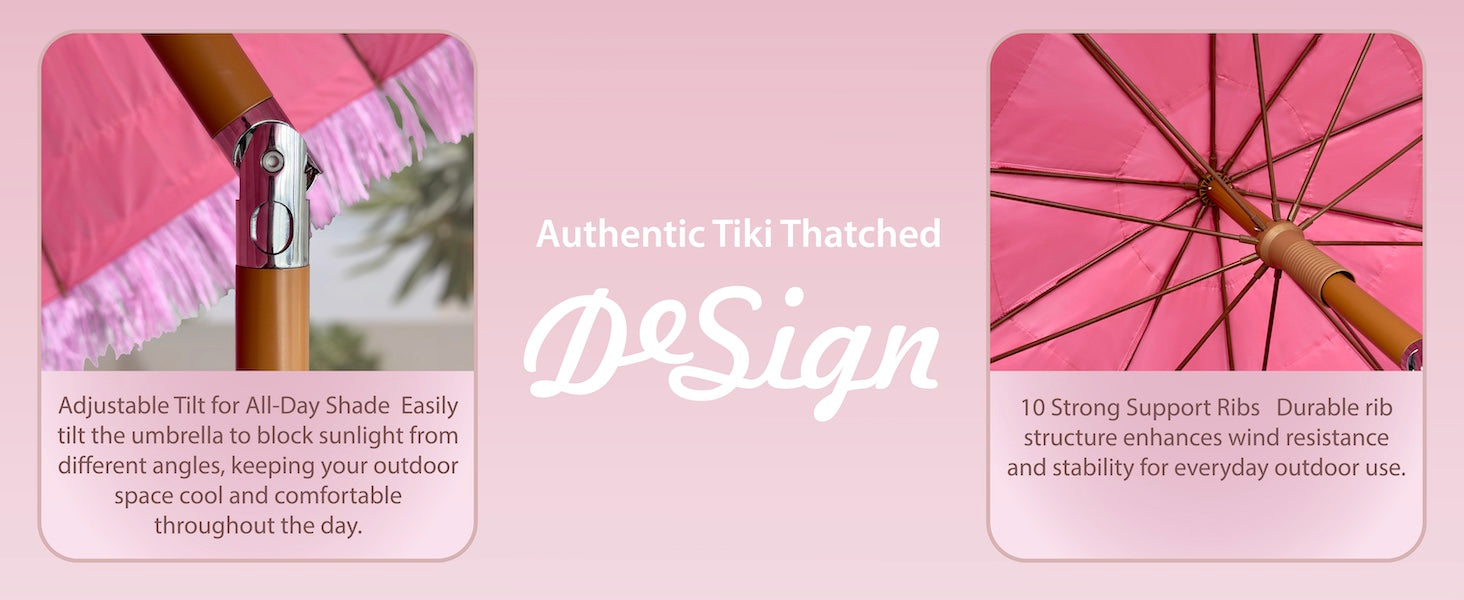 AMMSUN 7.5ft hula thatched tiki deck umbrellas outside with srong ribs has two-way tilt and height adjustment knob