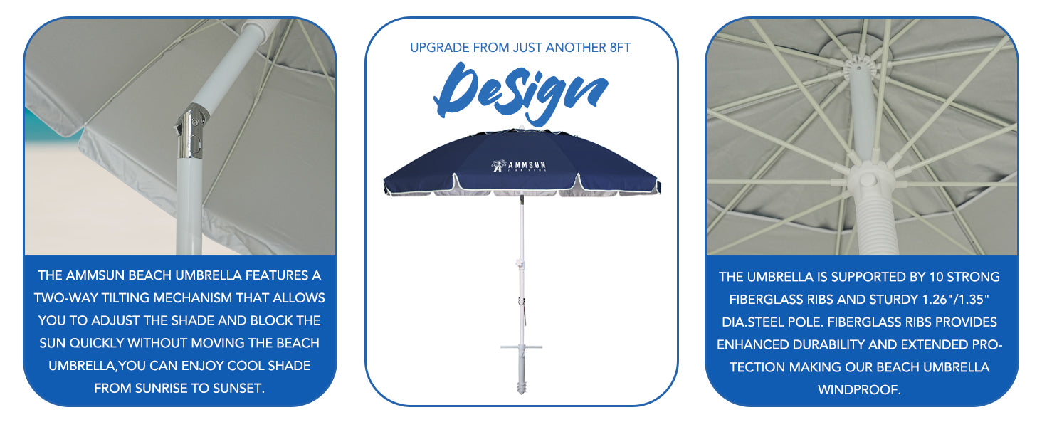 AMMSUN 8ft heavy duty umbrella for beach with sand anchor has tilt and strong frame