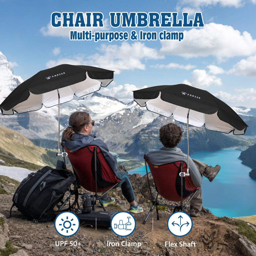Two people sitting on chairs beneath two AMMSUN black large size clip on umbrellas for outdoor chairs with clamp on mountain