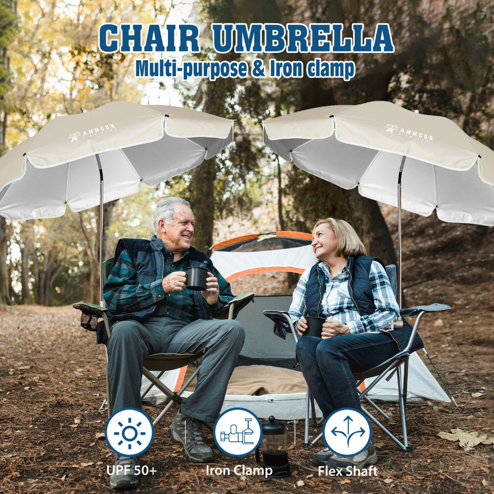 Two people sitting under AMMSUN beige wheelchair umbrella with clamp in an outdoor setting
