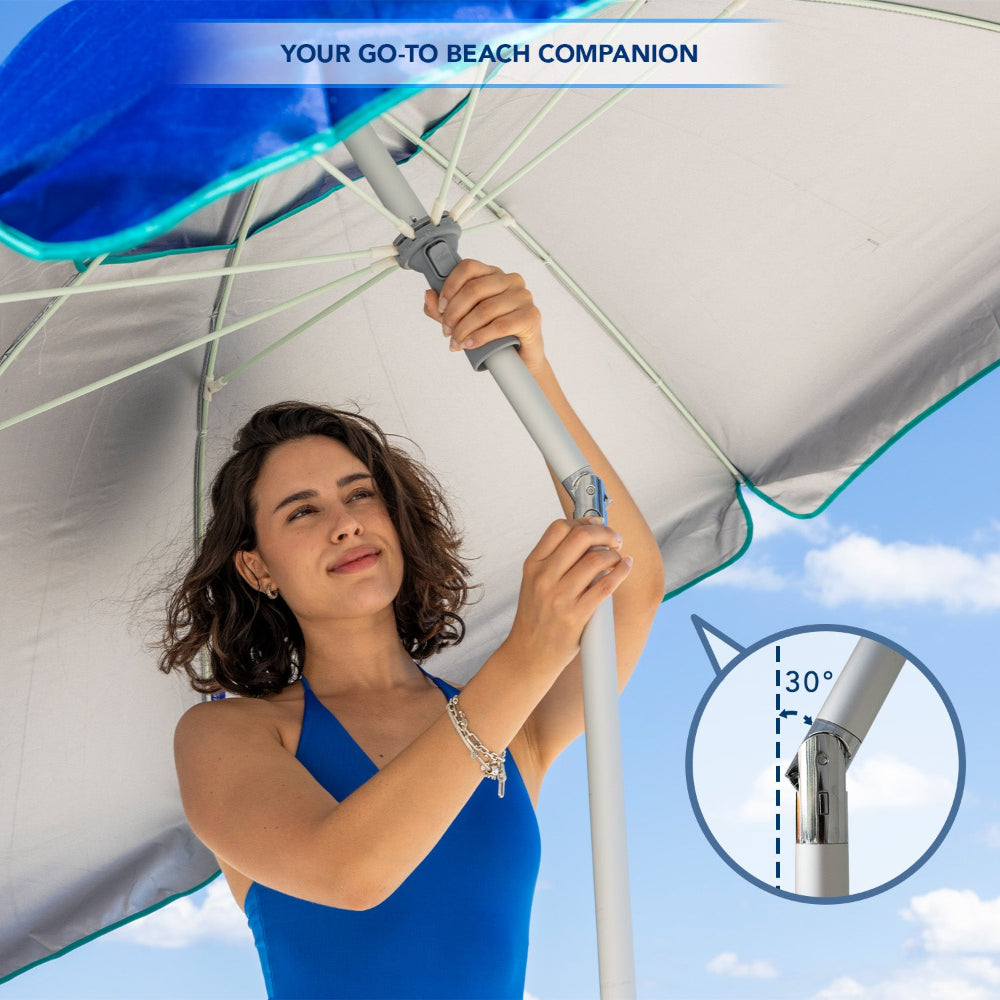 Woman holding AMMSUN 7ft blue beach umbrellas for sand heavy duty wind portable with beach umbrella sand anchor with tilt