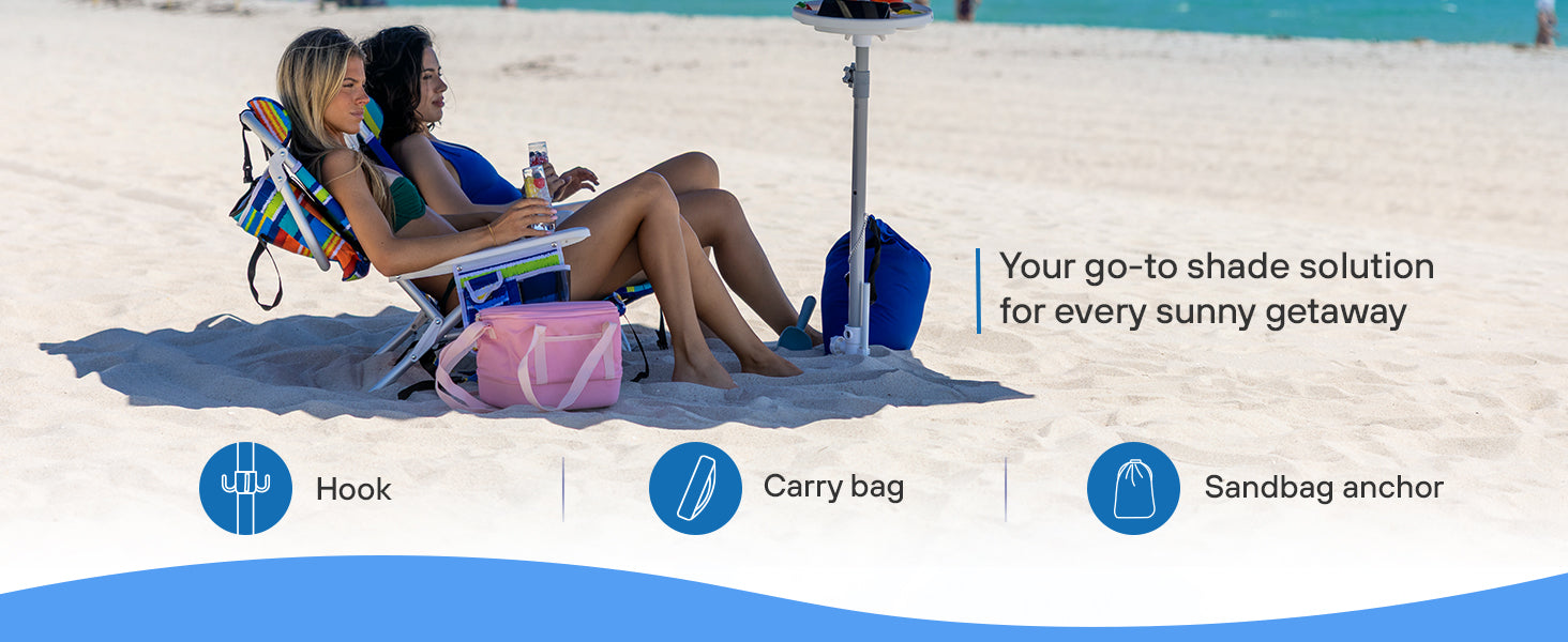 Two women sitting under an AMMSUN navy 8ft beach umbrellas for sand portable with sand anchor on beach