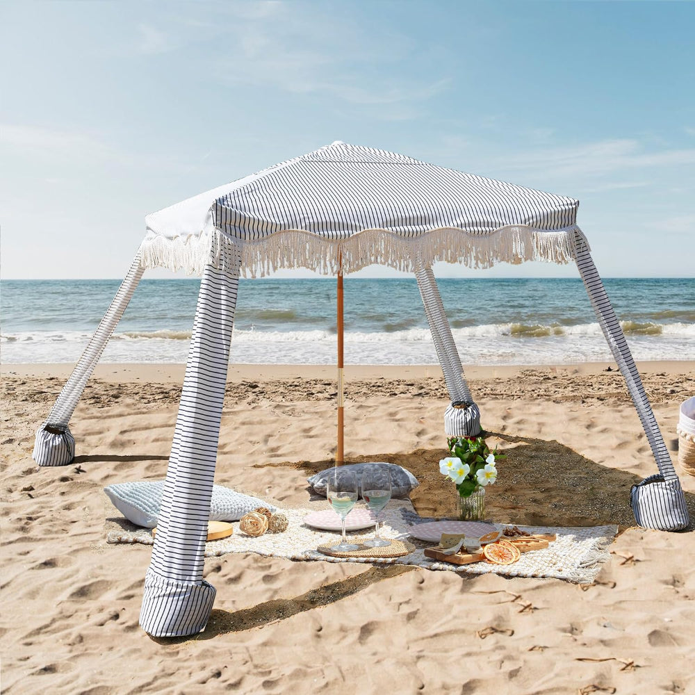 AMMSUN 7'×7' Bobo Beach Cabana with Fringe,Blue Stripes