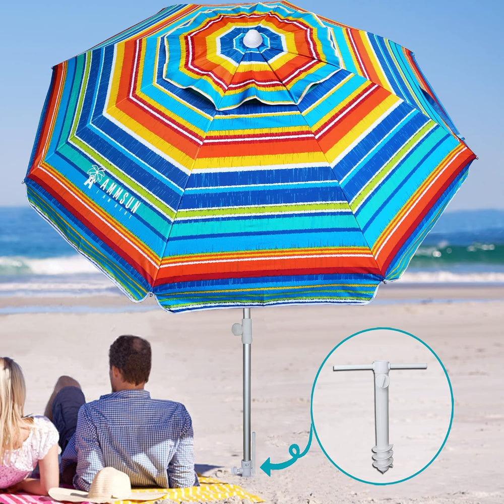 AMMSUN 6.5ft Outdoor Umbrella with sand anchor,Red Stripes