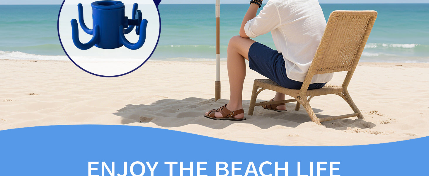 A man sitting under blue umbrella with AMMSUN blue plastic hook with 4-prongs for beach accessories