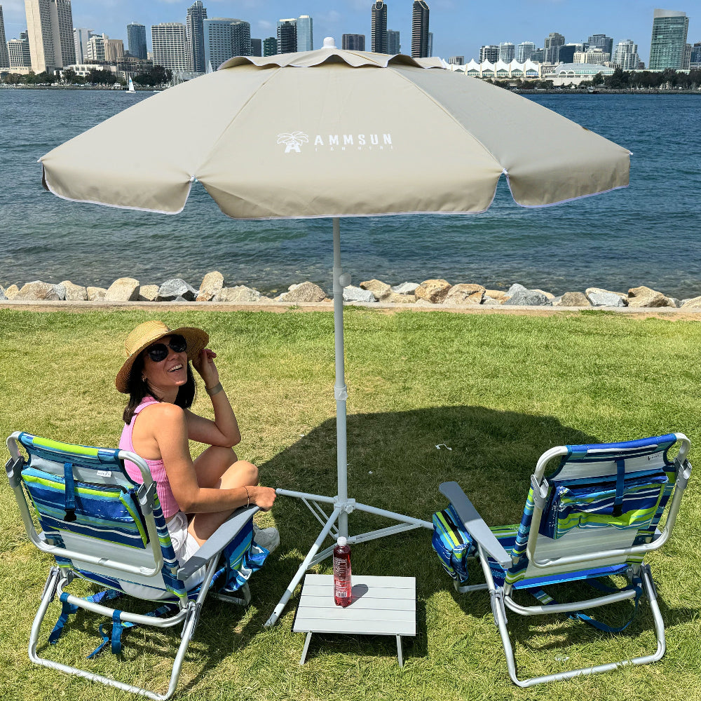 AMMSUN 6.5ft Portable Sports Umbrella with Stand, Beige