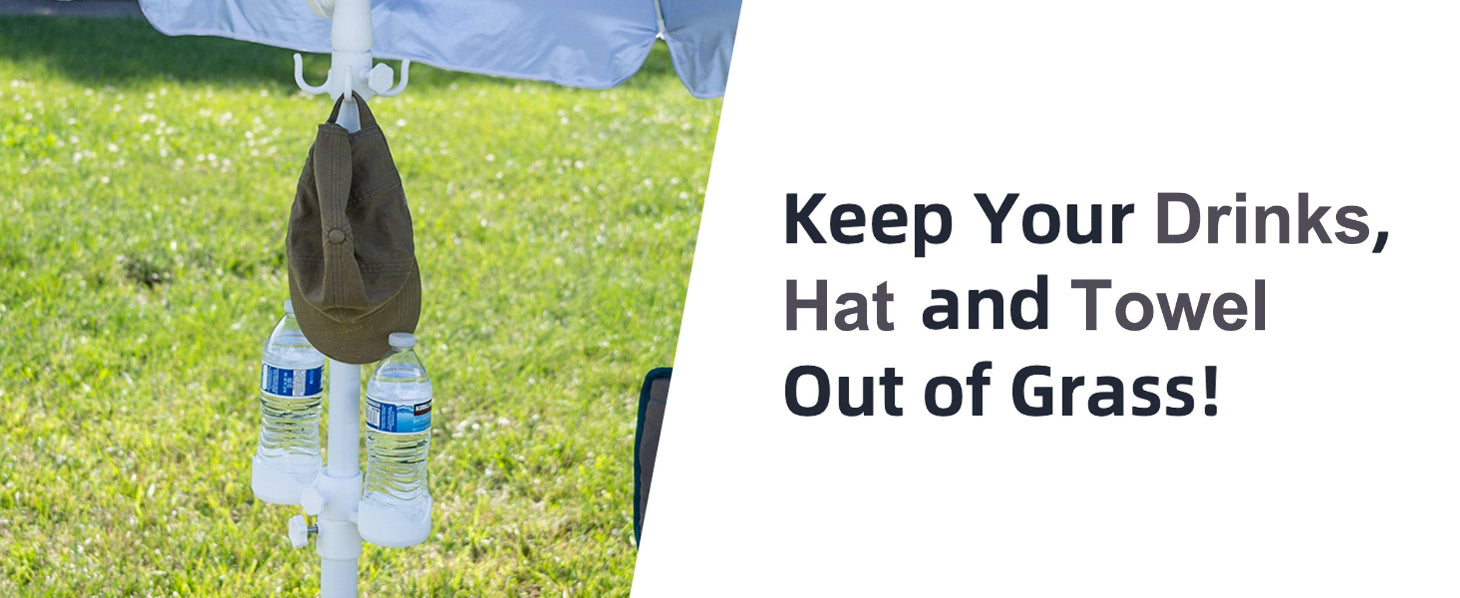 AMMSUN 6.5ft portable sports umbrella with stand for outdoor has drink holder for bottles, hat, and towel on grass with text advice.