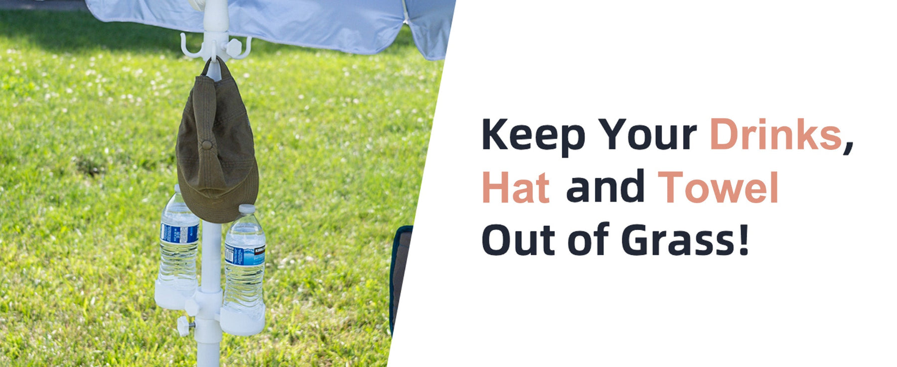 AMMSUN 6.5ft portable sports umbrella with stand for outdoor has drink holder for bottles, hat, and towel on grass with text advice.