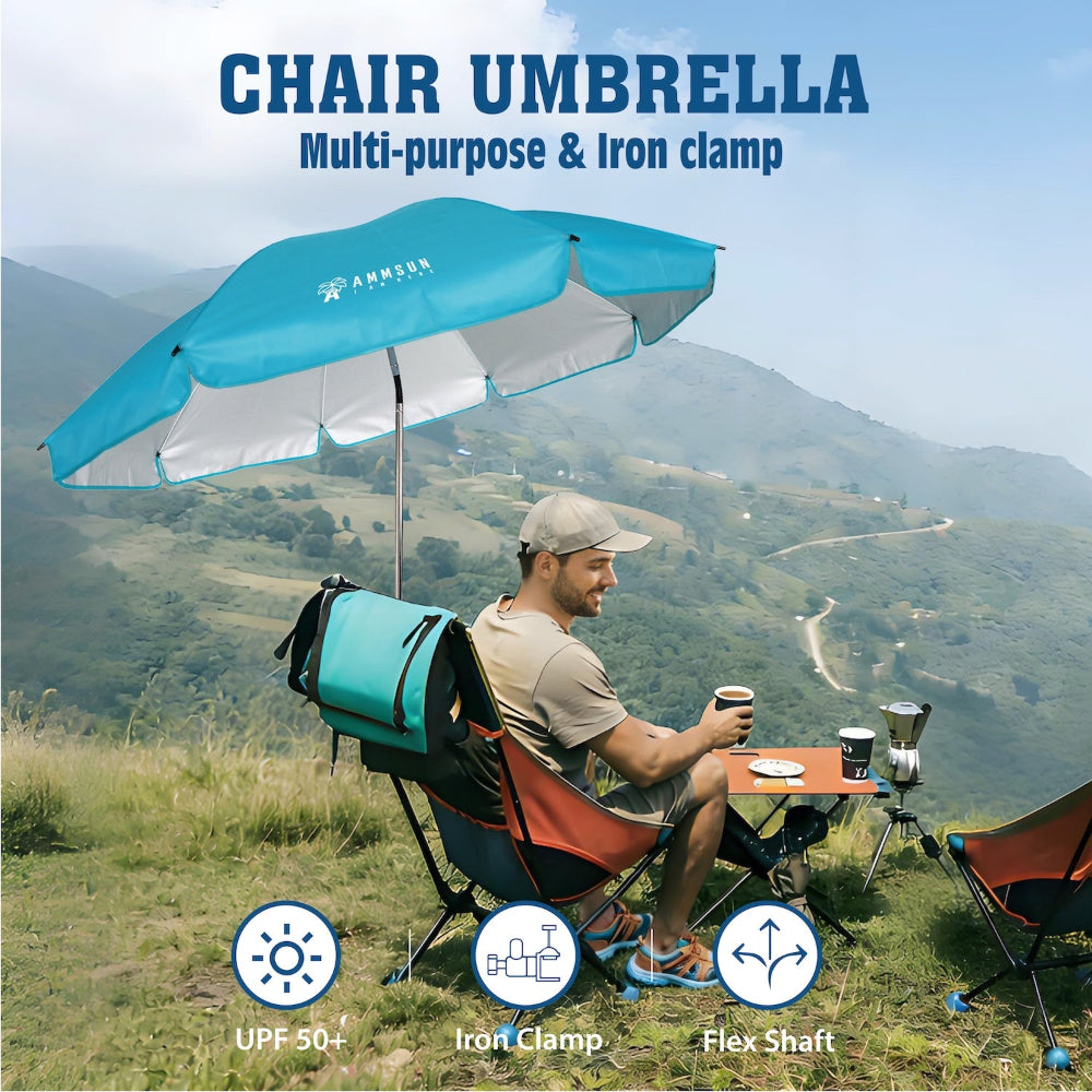 A man seated on a chair, with an AMMSUN light blue XL clip on chair umbrella sun shade, enjoying a moment outdoors