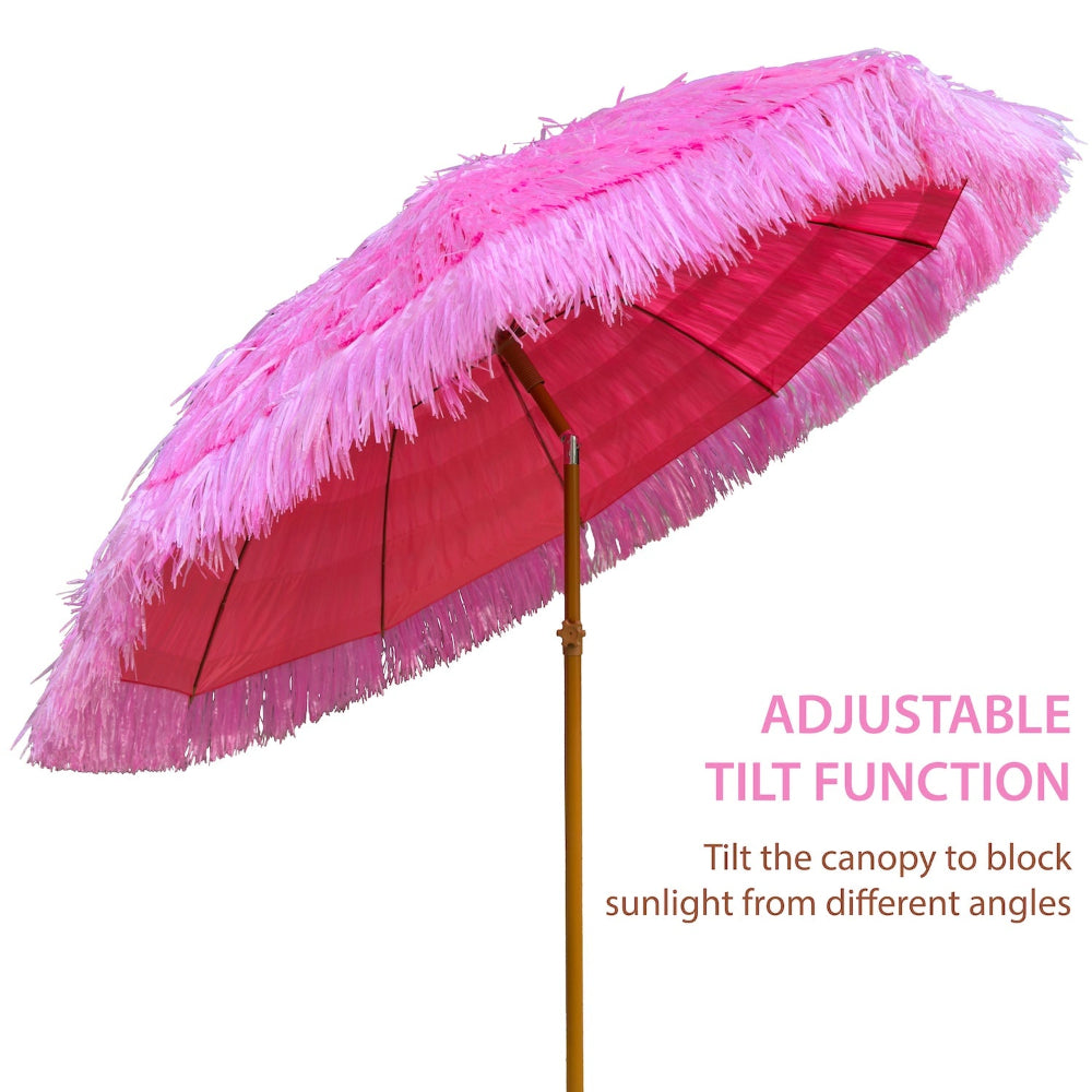 AMMSUN hot pink feathered patio umbrella tiki hut with adjustable tilt function on a white background