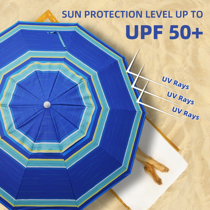 AMMSUN 8ft large size blue strips travel beach umbrella with beach umbrella sand anchor for beach umbrellas for sand has the function of sun protection level up to UPF 50+