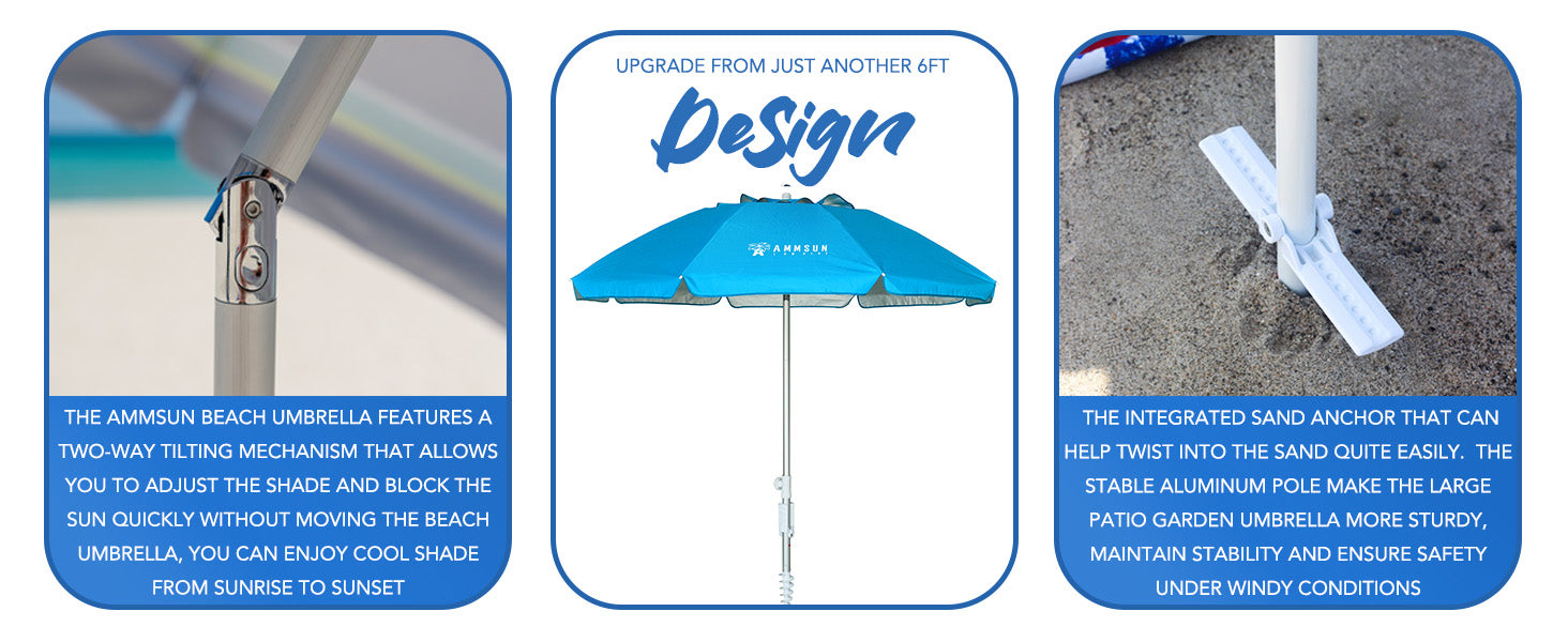 AMMSUN 6ft folded travel umbrella compact features two-way tilt and sand anchor