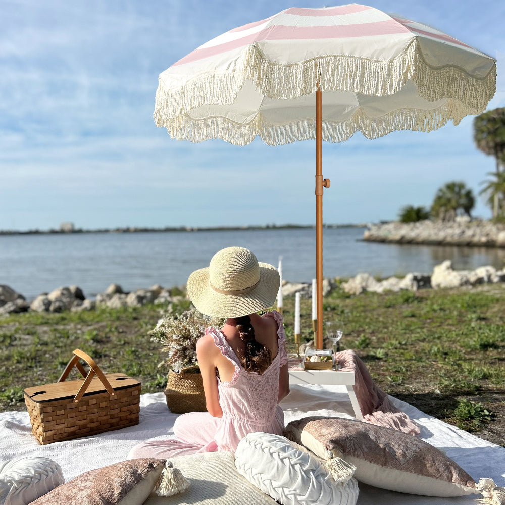 ammsun 6.5 ft outdoor patio beach umbrella AMMSUN 6.5ft Boho Fringe Beach Umbrella,Rose Pink Stripes