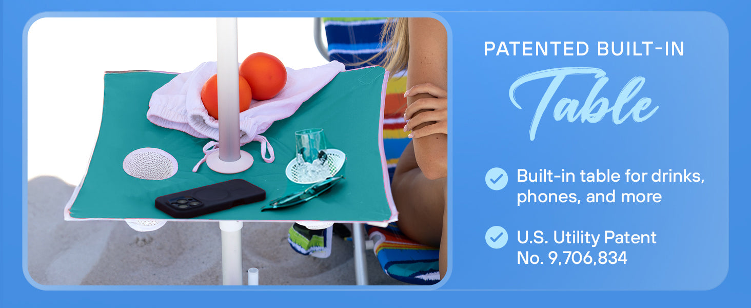 Patented built-in table showcasing innovative design and functionality in a modern setting. Beach umbrella with table, Floating table umbrella, Portable beach umbrella, Beach umbrellas for sand.