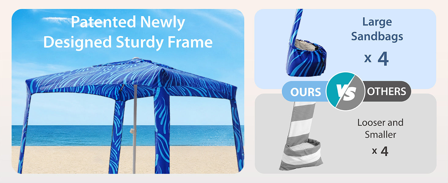AMMSUN 8'x8' easy setup beach tent portable cabana has 4 large sandbags and patented sturdy frame for more stability