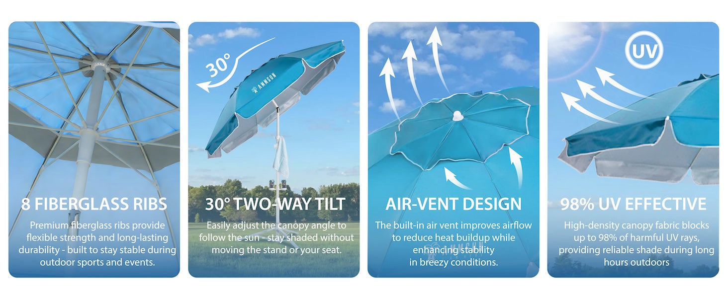 AMMSUN 6.5ft sky blue patio umbrella with base included for sports and beach with carry bag, cup holder and hook