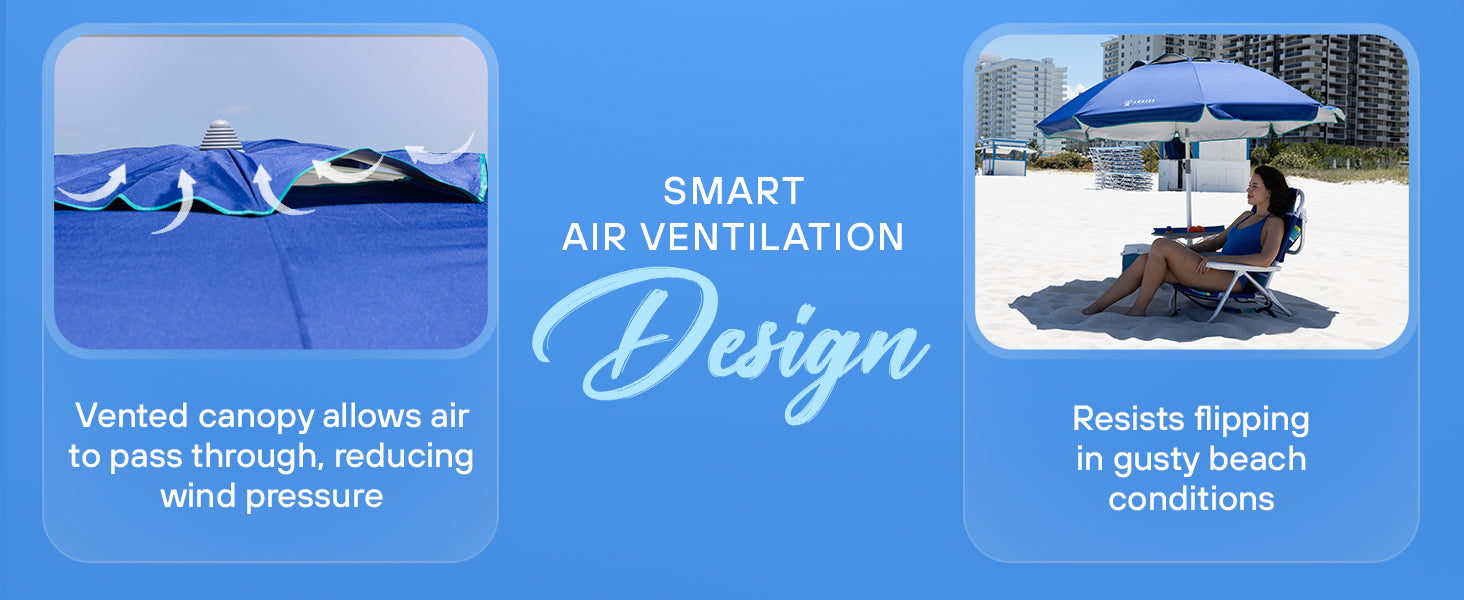 AMMSUN 7ft blue stripes uv protection travel beach umbrella with sand anchor and cup table has air-vent