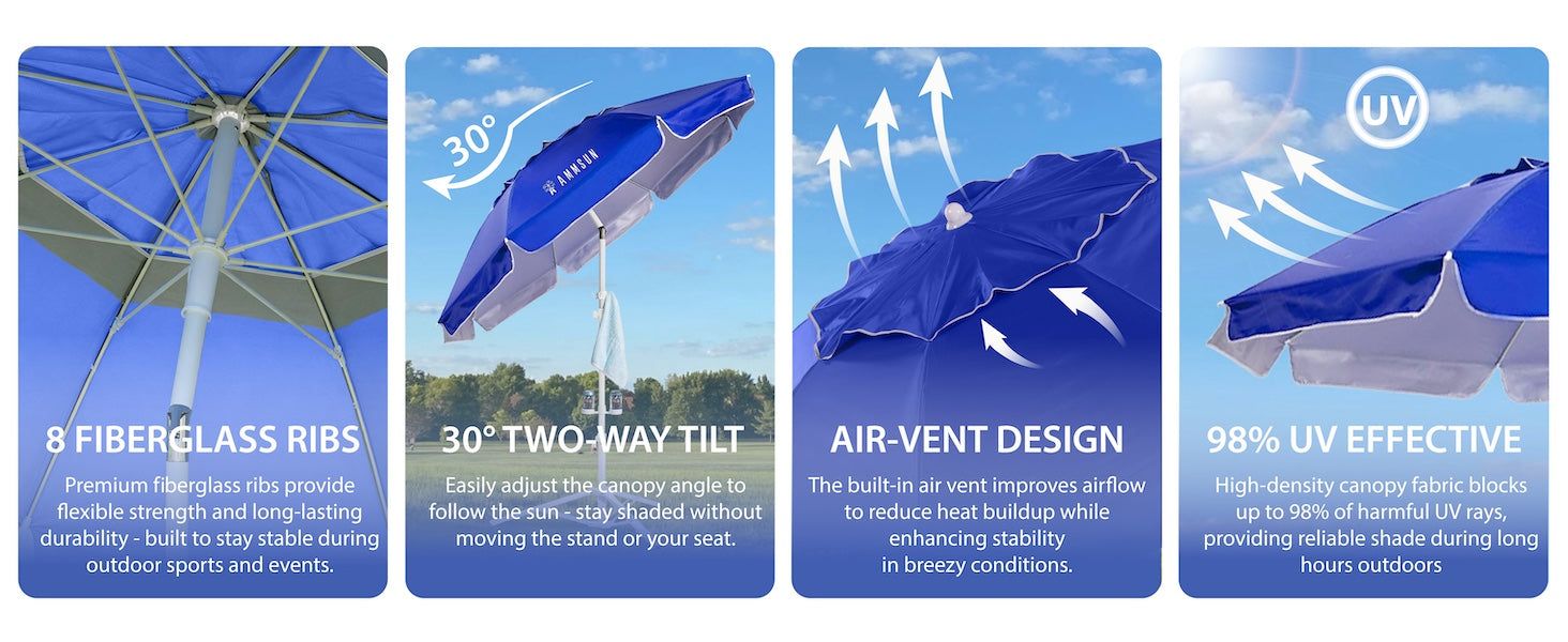 AMMSUN 6.5ft portable umbrella with stand, lightweight sports umbrella with air-vent and 8 fiberglass ribs, tilt for sun blocking