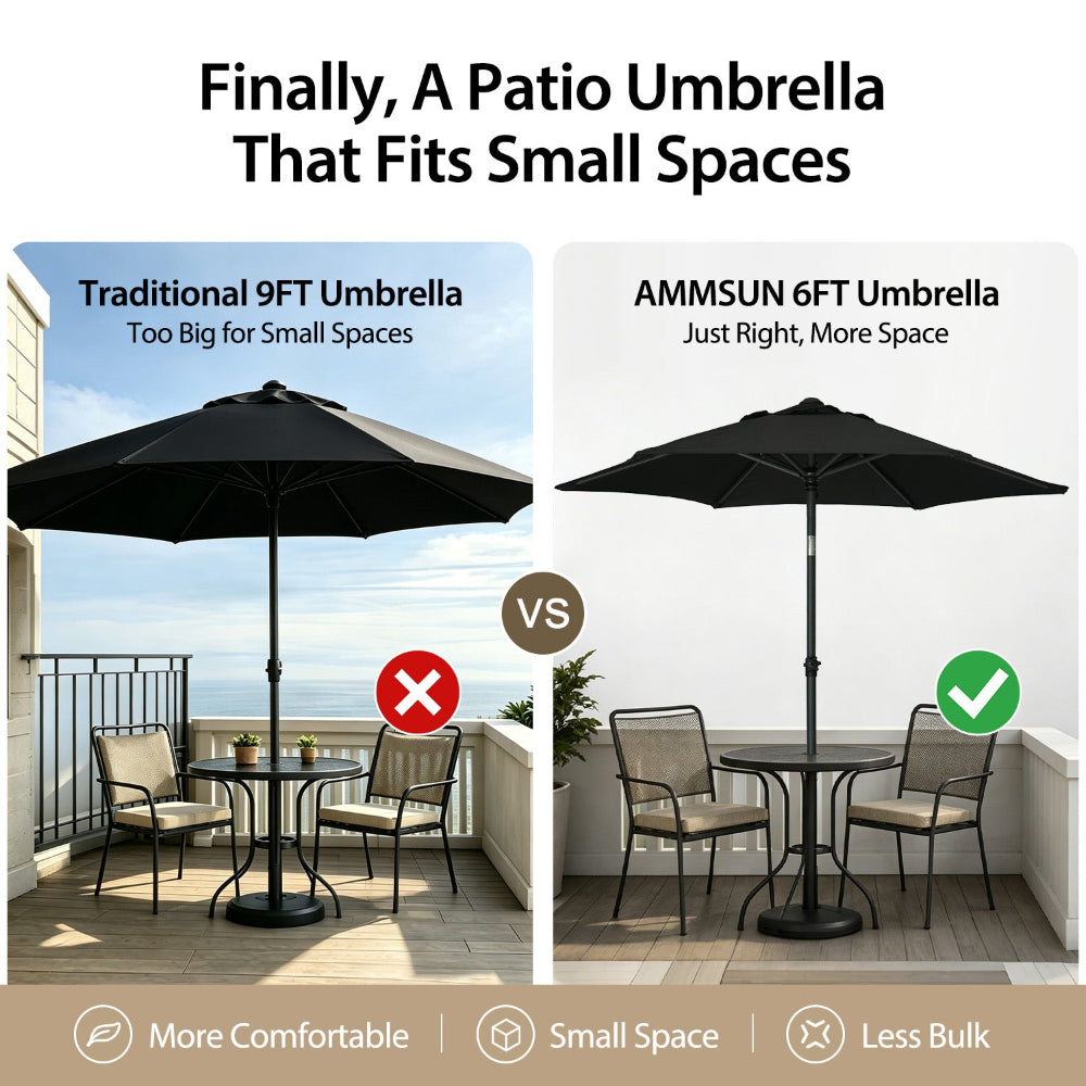 Ammsun 6ft black Patio Umbrella for table umbrella fits for small spaces.