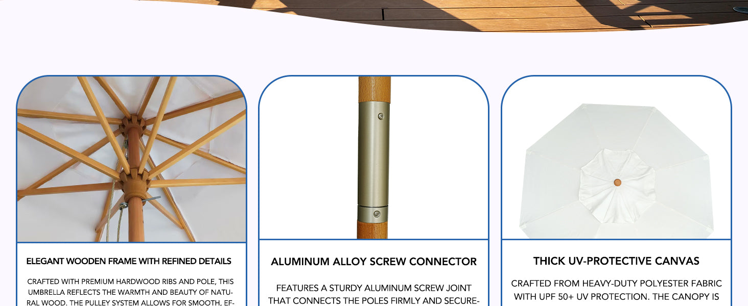 AMMSUN pulley lift outdoor umbrellas for patio has uv protecting fabric, alumunum alloy screw connector and wood frames