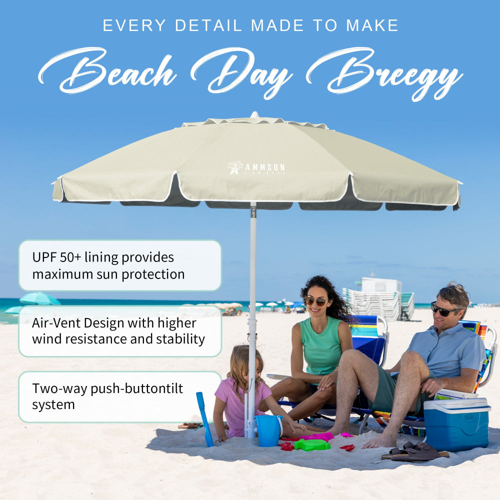 A family of 3 relaxing under AMMSUN cream khaki 8ft heavy duty umbrella with sand anchor for umbrella for beach