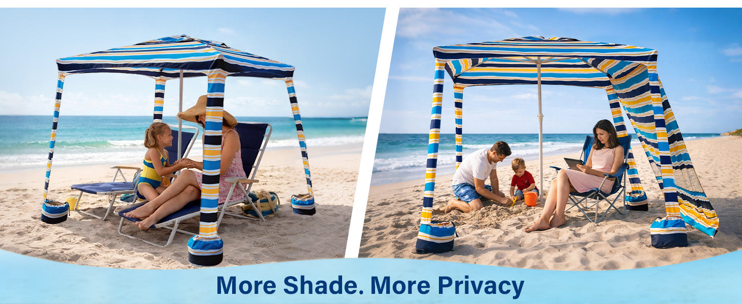 A family relaxing under an AMMSUN  vibrant stripe beach cabanas sun shade for beach with privacy sunwall for more shade