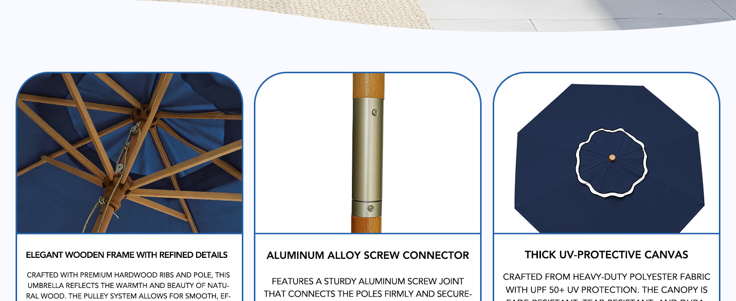 AMMSUN pulley lift umbrella outdoor patio has uv protecting fabric, alumunum alloy screw connector and wood frames