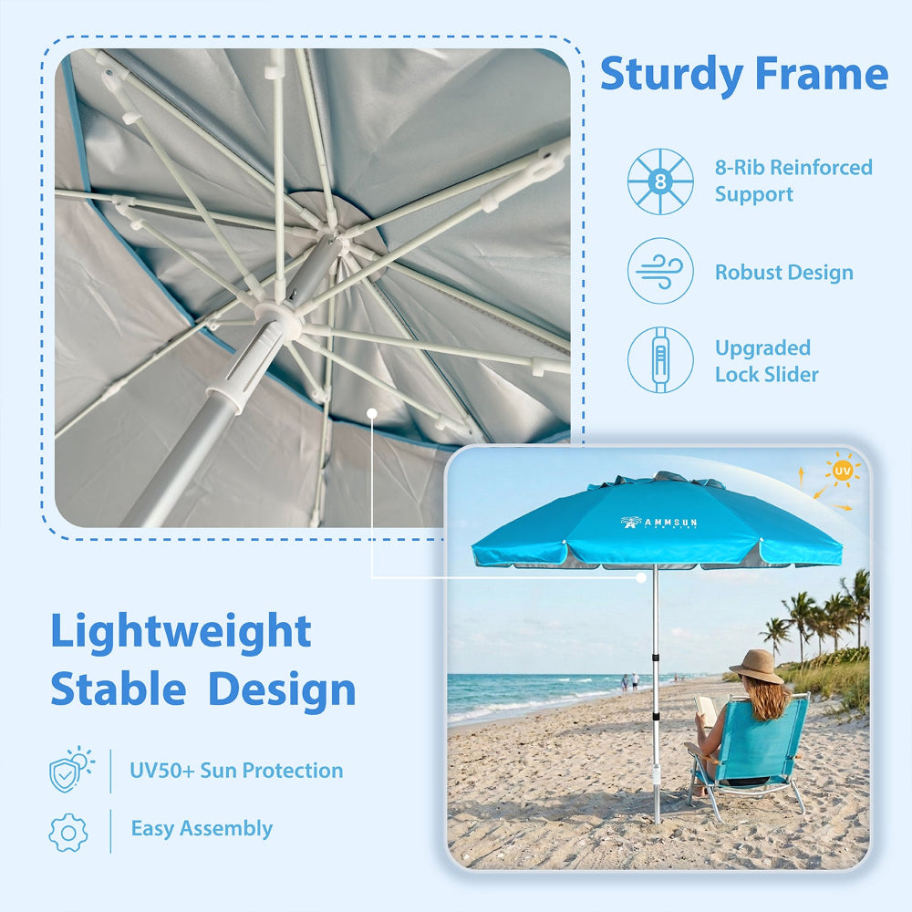 AMMSUN 6.5ft portable beach umbrella with sand anchor twice folded umbrella is lightweight with 8 sturdy ribs
