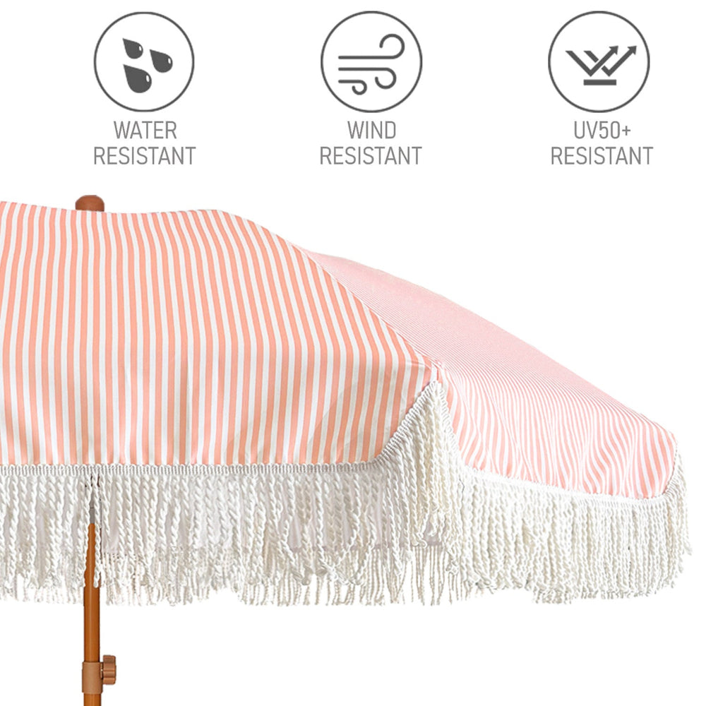 AMMSUN 7ft pink stripes fringe umbrella for outdoor umbrellas Uv 50+ is water and wind resistant