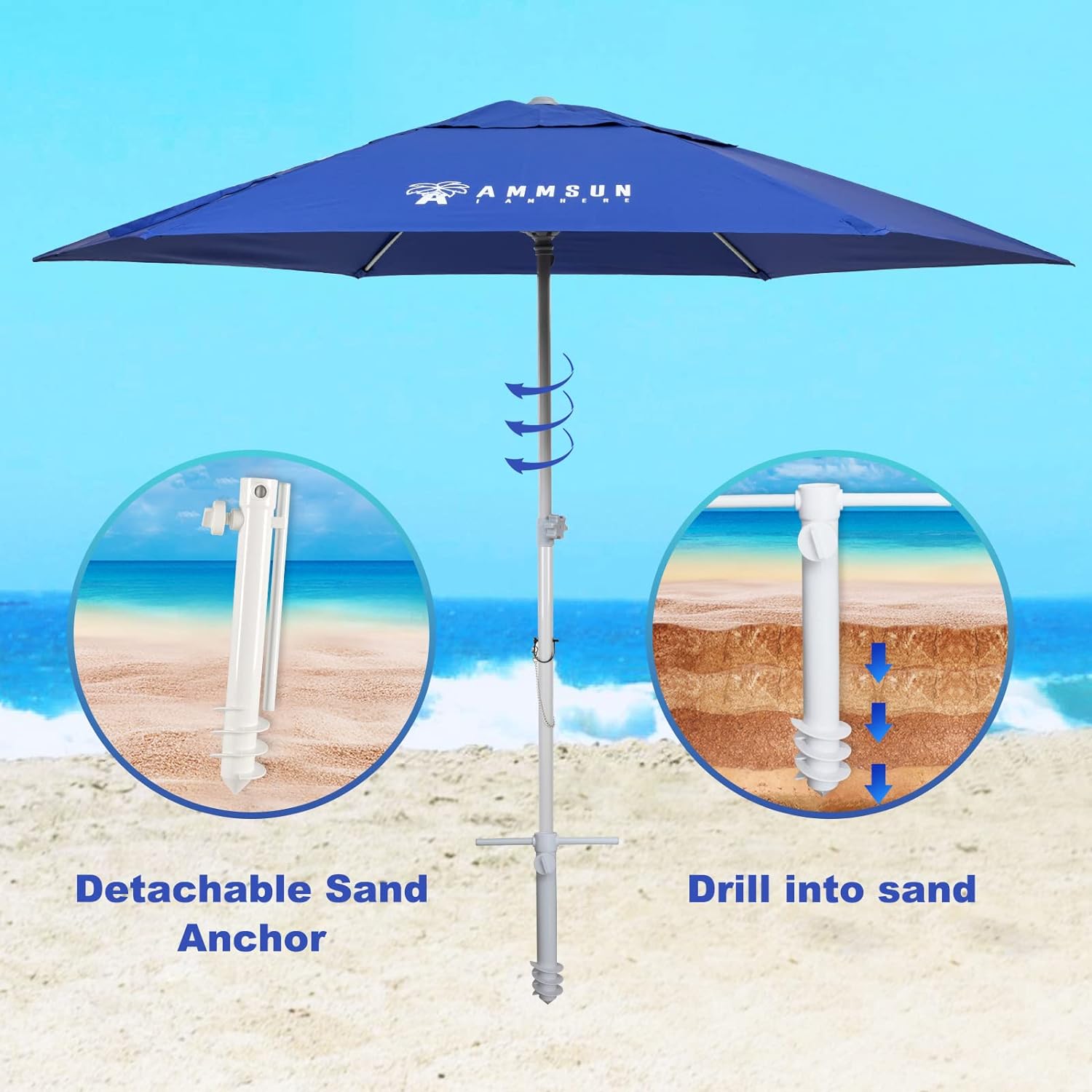 AMMSUN 8ft Heavy Duty Commercial Grade Beach Umbrella Blue