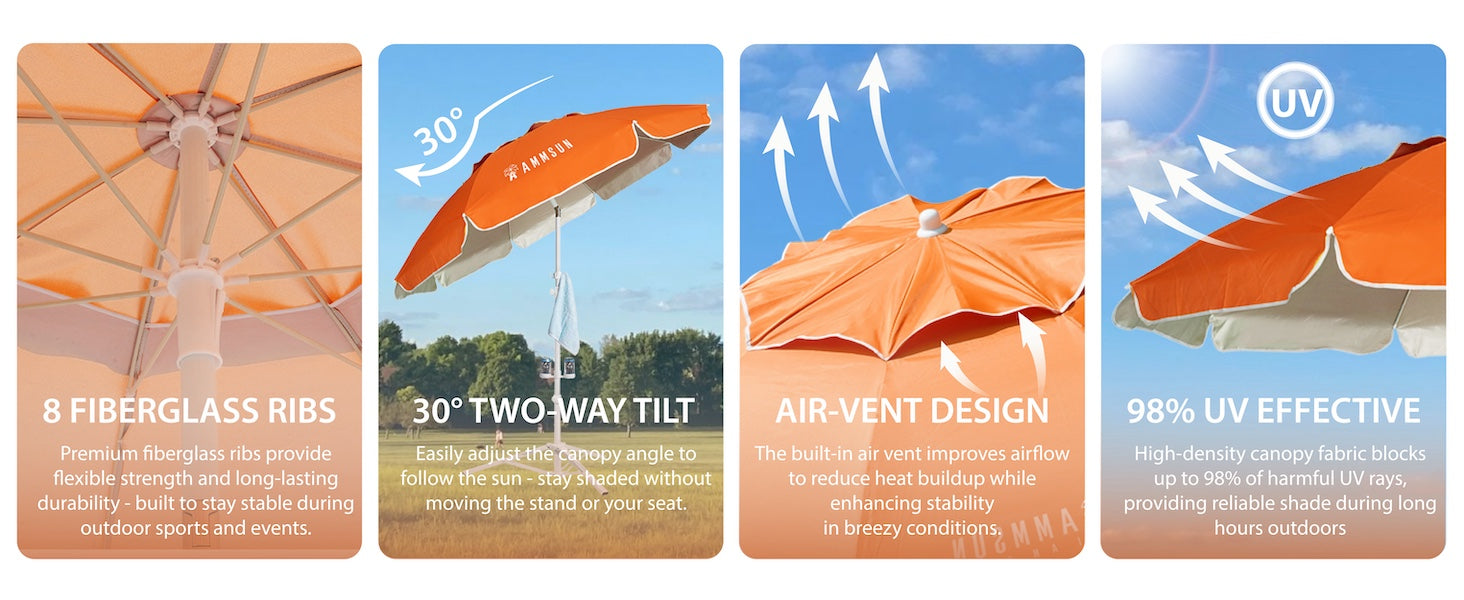 AMMSUN 6.5ft portable umbrella with stand, lightweight sports umbrella with air-vent and 8 fiberglass ribs, tilt for sun blocking