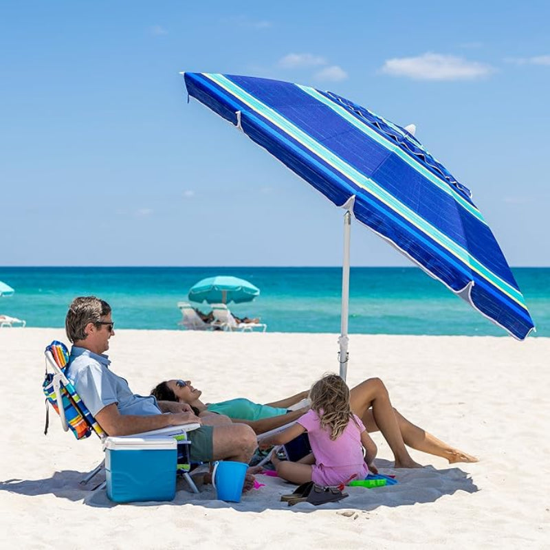 A family relaxing together under AMMSUN 8ft blue stripes portable umbrella air-vent with sand anchor