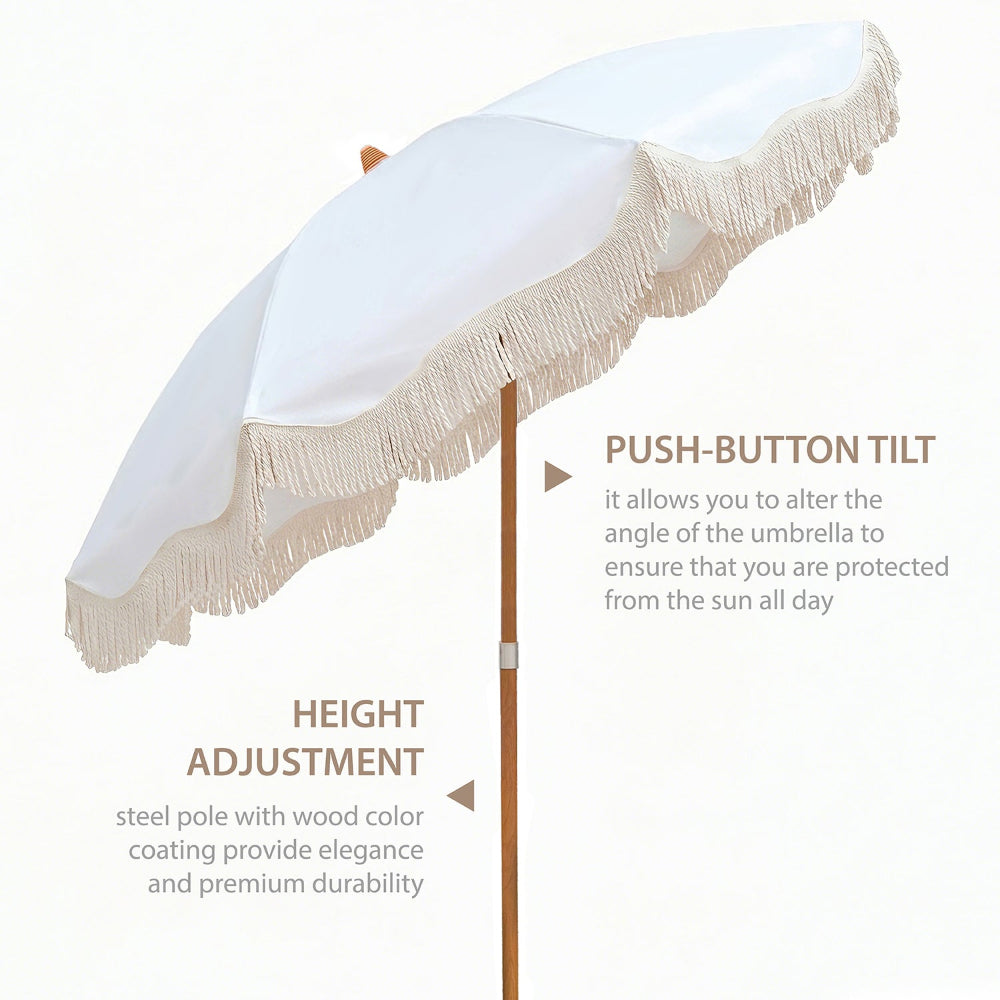 Ammsun white beach umbrella with fringe trim with wood-inspired steel pole, has tilt and height adjustment functions