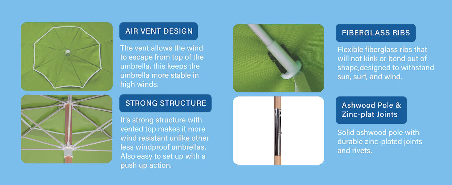 AMMSUN heavy duty umbrella for beach air-vent with fiberglass ribs has wood pole with durable zinc-plated joints and rivets.
