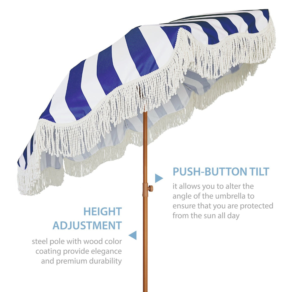 AMMSUN 6.5ft navy blue stripe boho umbrella outdoor patio with fringe with tilt and knob for height adjustment