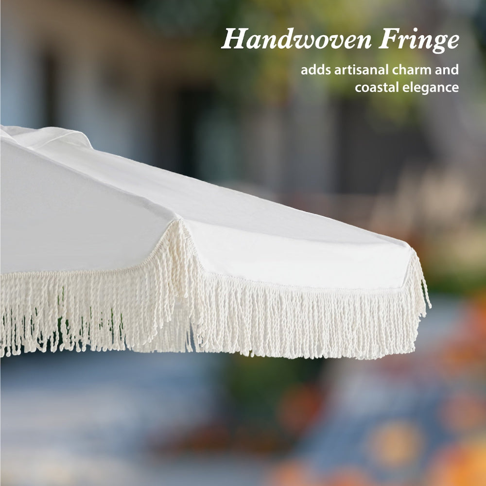 AMMSUN 8.5ft white market umbrella pulley lift with handwoven fringe for deck, garden, backyard