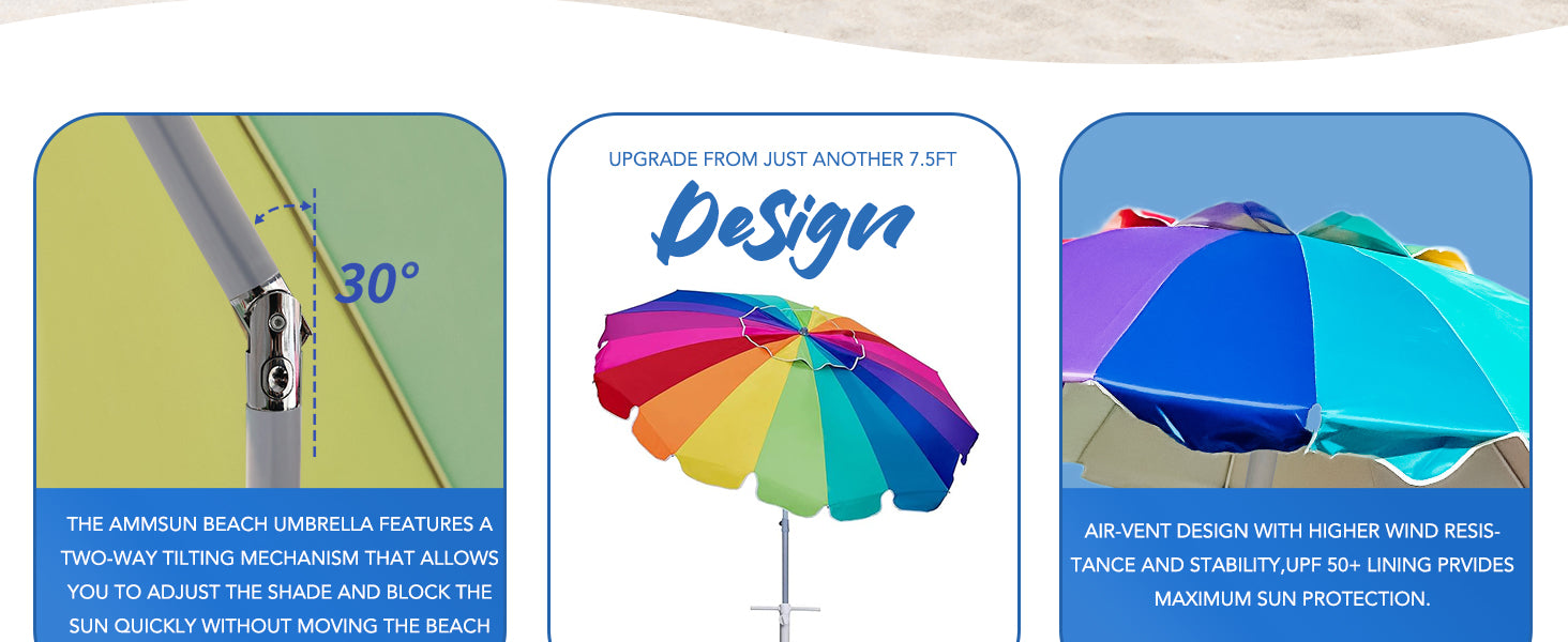 AMMSUN 7.5ft large heavy duty high wind beach umbrella with sand anchor & tilt sun shelter, UPF 50+ protection outdoor umbrellas sunshade