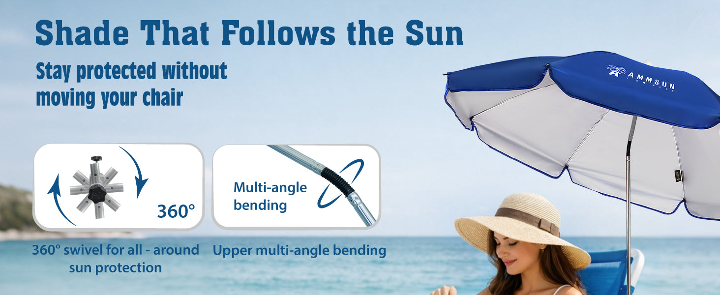 A woman sitting under an AMMSUN blue large size beach chair umbrella with clamp for 360 degree swivel