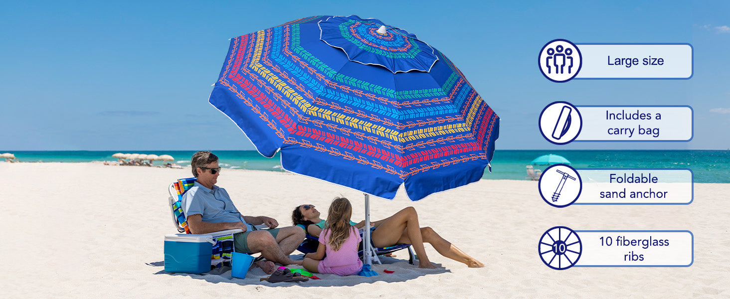 AMMSUN blue stripes best beach umbrella with sand anchor and carry bag on a sandy beach with ocean view