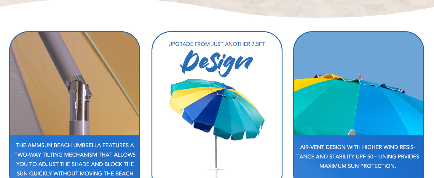 AMMSUN 7.5ft multicolor blue portable umbrella beach with sand anchor for beach has air-vent and two-way tilt