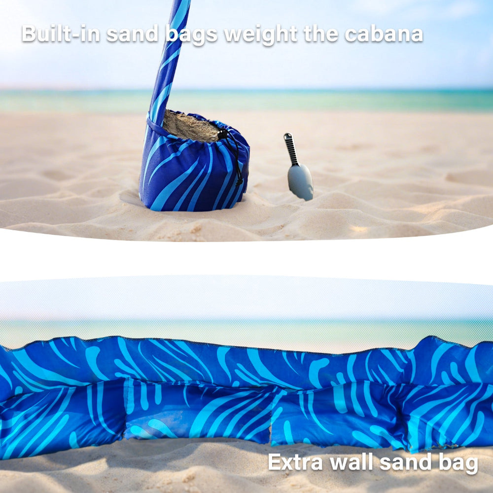 AMMSUN Sea Flow 6.2'×6.2' easy setup beach tent has sandbags on each corner & side wall for portable shade canopy cabana